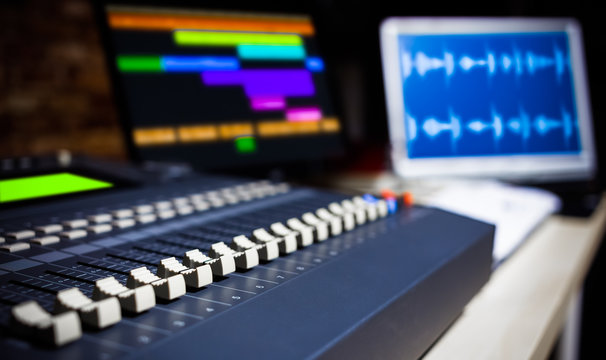 digital sound mixer in recording studio, shallow dept of field. music background