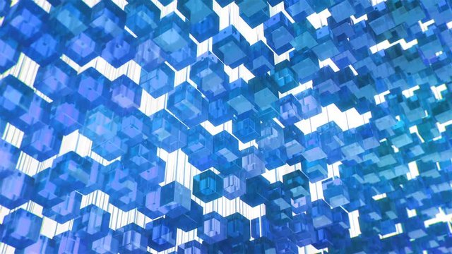 3D kinetic, dynamic sculpture made of moving glass cubes. Modern art abstraction. Perfect seamless loop. Blue polycarbonate cubes moving up and down on white background. UHD, 4k.