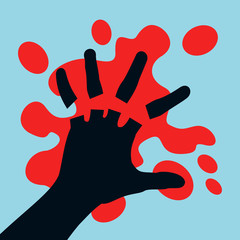 Injury and accident leading to amputation of fingers on the hand - fingers are cutted off and chopped off. Blood stain around palm. Vector illustration - obrazy, fototapety, plakaty