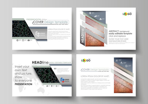 Business templates for presentation slides. Abstract vector layouts in flat design. Chemistry pattern, molecular texture, polygonal molecule structure, cell. Medicine, science, microbiology concept.