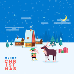 Cute happy smiling cartoon elf and reindeer on winter village landscape background. Christmas holiday decoration for poster or postacrd. Merry Xmas greeting illustration.