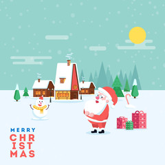 Cute happy smiling cartoon santa and snowman on winter village landscape background. Christmas holiday decoration for poster or postacrd. Merry Xmas greeting illustration.