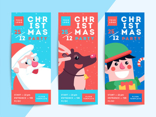 Christmas party flyer template design. Xmas poster in funny cartoon style. Winter holiday club event admission or entrance ticket layout. Vector illustration