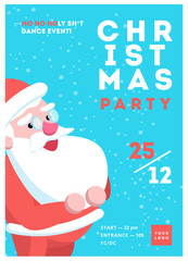 Christmas party poster template design. Xmas flyer in funny cartoon style. Winter holiday club event admission or entrance ticket layout. Vector illustration