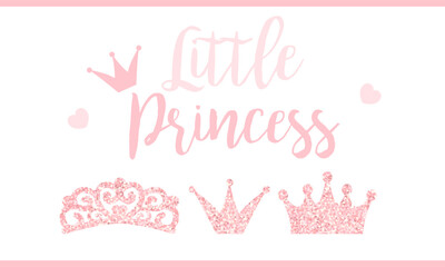 Pink text Little Princess on white background . Cute glitter texture. Gloss effect. Birthday party and girl baby shower decor. - obrazy, fototapety, plakaty