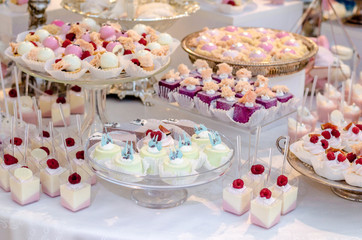 Delicious wedding reception candy bar dessert table full with panacota and edible silver. Luxury life.