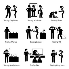 Man testing products at shop. Stick figure pictogram icons depict a person testing eyeglasses, wearing shirt, shoes, footwear, new phones, tasting drinks, trying out VR, headphones, TV and perfume.