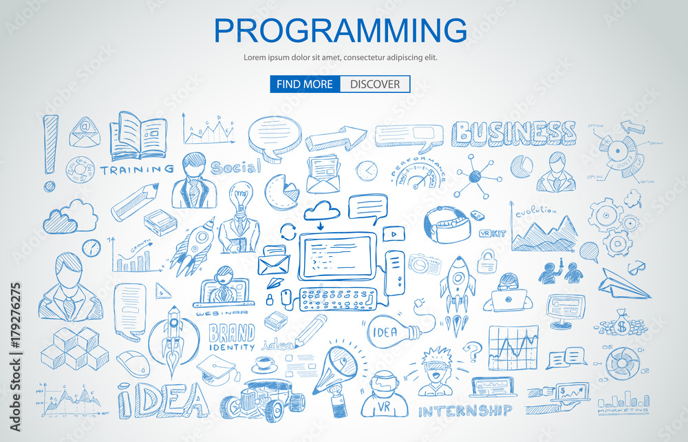 Poster programming concept with business doodle design style: online resources, coding skills