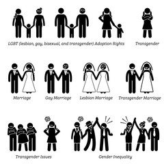 Sex Equality Sexism Social Problems Stick Figure Pictogram Icons. Illustrations depicts LGBT, lesbian, gay, bisexual, and transgender issues of adoption rights, marriage, and gender inequality.