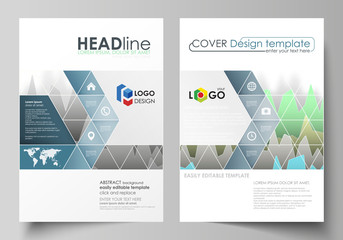 The vector illustration of the editable layout of two A4 format covers with triangles design templates for brochure, flyer, booklet. Rows of colored diagram with peaks of different height.