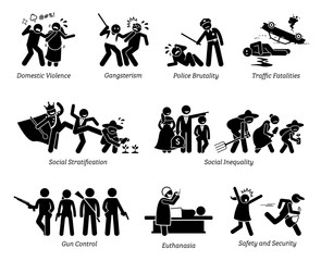 Social Problems and Critical Issues Stick Figure Pictogram Icons.