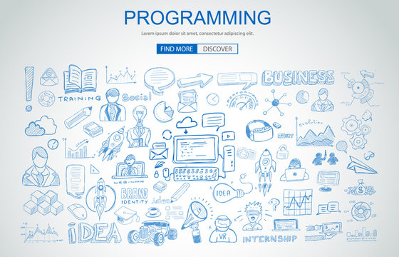 Programming concept with Business Doodle design style: online resources, coding skills