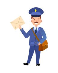 Postman Delivering Letter Isolated Cartoon Vector  - obrazy, fototapety, plakaty