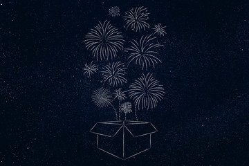 box with fireworks flying out of it