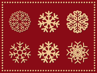 Set of isolated vector icon snowflakes on red.