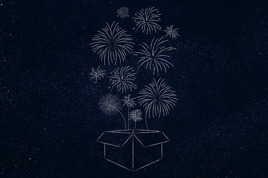 box with fireworks flying out of it