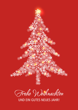 Tannenbaum aus Sternen auf rotem Fond mit Lichtern und Schriftzug Frohe Weihnachten