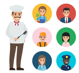 Italian Chef and Set of People of Different Jobs