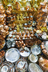 Traditional iranian market (Bazaar) metal souvenires. Isfahan, Iran.