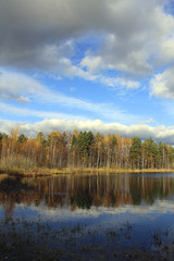beautiful view of lake and autumn wood and sky with clouds