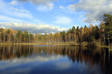 Fototapeta na wymiar beautiful view of lake and autumn wood and sky with clouds