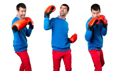 Set of Handsome young man with boxing gloves