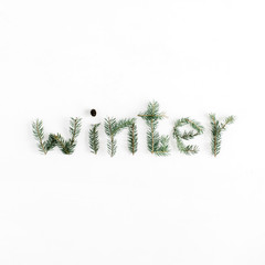 Work Winter made of fir branches on white background. Flat lay, top view. Winter composition.