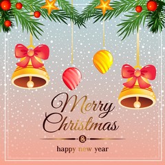 Fototapeta na wymiar snow christmas card with bell decoration