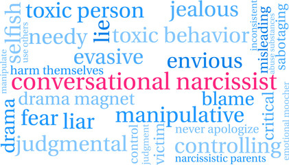 Conversational Narcissist Word Cloud on a white background. 