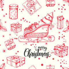 Seamless background with hand drawn gifts, santa's sleigh, holly and glitter. New year. Christmas pattern can be used for wallpaper, web page background, surface textures, textile, package, banner