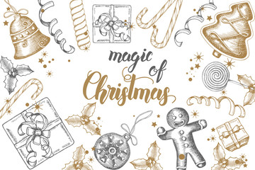 Christmas background with hand drawn doodle gifts, candies, gingerbread, glitter and serpentine. Greeting hand made quote "Magic of Christmas" Happy New Year. Sketch. Banner,poster, flyer, brochure.