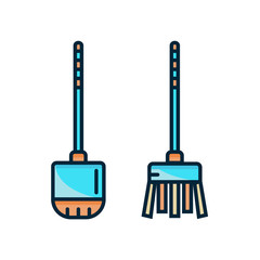 Toilet brush and plunger set - vector flat color line icon. Brush and holder for wc. Bathroom tools vector illustration on isolated white background.