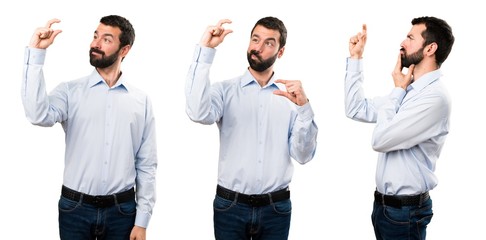 Set of Handsome man with beard making tiny sign