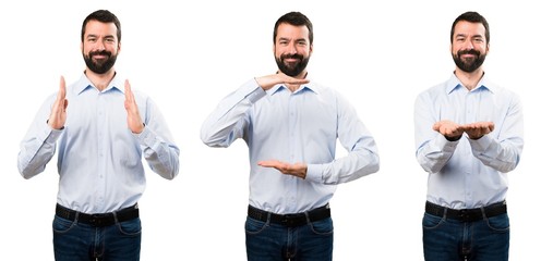 Set of Handsome man with beard holding something