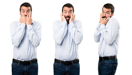 Set of Frightened handsome man with beard