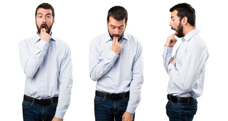 Set of Handsome man with beard making vomiting gesture