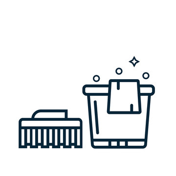 recommend clip art: Cleaning brush and bucket with duster - vector line illustration. Household and clean service equipment in linear style on isolated white background.