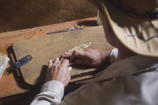 A cuban farmer making a cigar with this hands in Pinar del Rio, Cuba