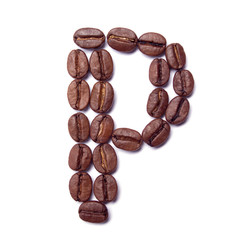 Letter P of coffee beans from alphabet isolated on white background. close-up