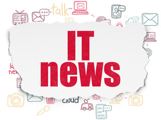 News concept: Painted red text IT News on Torn Paper background with Scheme Of Hand Drawn News Icons