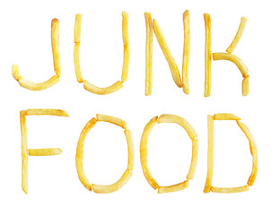 Junk food. Words of French fries isolated on white background