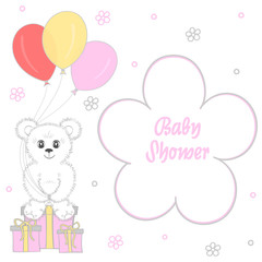 Baby shower girl, invitation card. Place for text.  Greeting cards. Vector illustration. Teddy bear with a gift box, pink background, butterfly,flower.