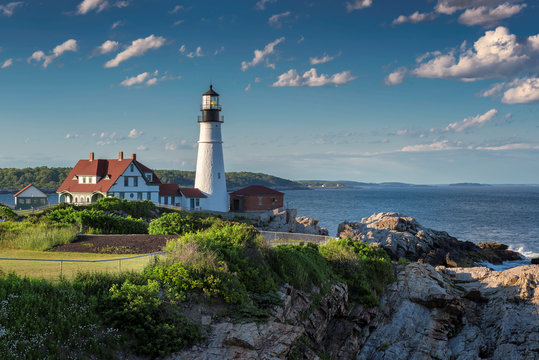 Portland Lighthouse at sunset, Cape Elizabeth, Maine, USA.