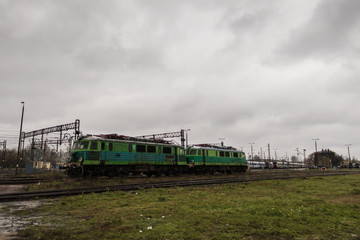 Fototapeta na wymiar Old green trains on the tracks grown with grass under the cloudy day