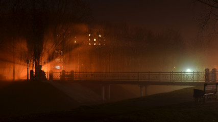 Foggy night at the Festivalny Park. Gomel, Belarus.