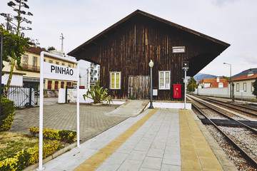 Small railway station at dawn. Douro region. Pinhao. Portugal