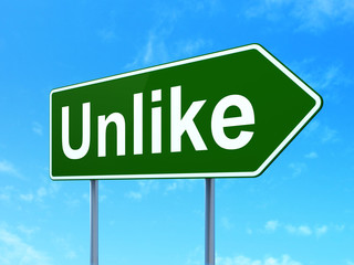 Social media concept: Unlike on green road highway sign, clear blue sky background, 3D rendering