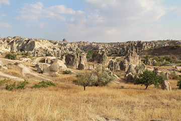 Fototapeta na wymiar Natural valley with volcanic tuff stone rocks in Goreme in Cappadocia, Turkey.