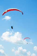 Two paragliders flying in the blue sky against the background of clouds. Paragliding in the sky on a sunny day.