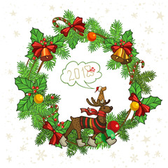 Symbols of christmas and year dog, circle wreath, two, zero, one, eight